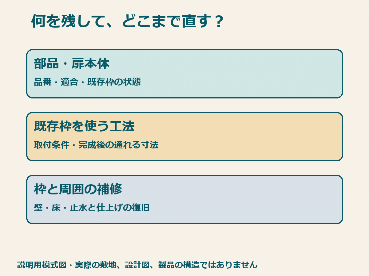 浴室入口の部品修理・扉本体・枠を使う交換・周囲の補修を分ける説明用模式図