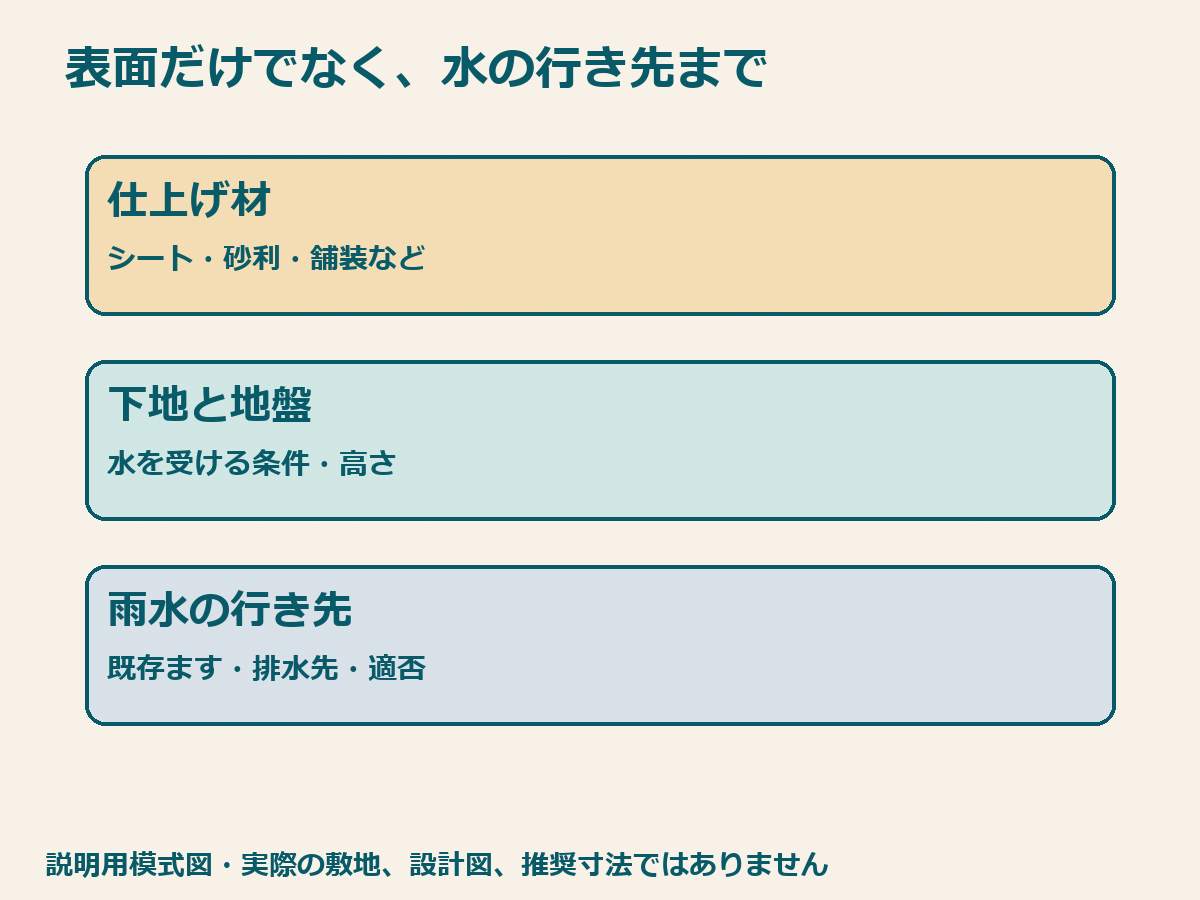庭の仕上げ材・下地・雨水の行き先を分けて確認する説明用模式図