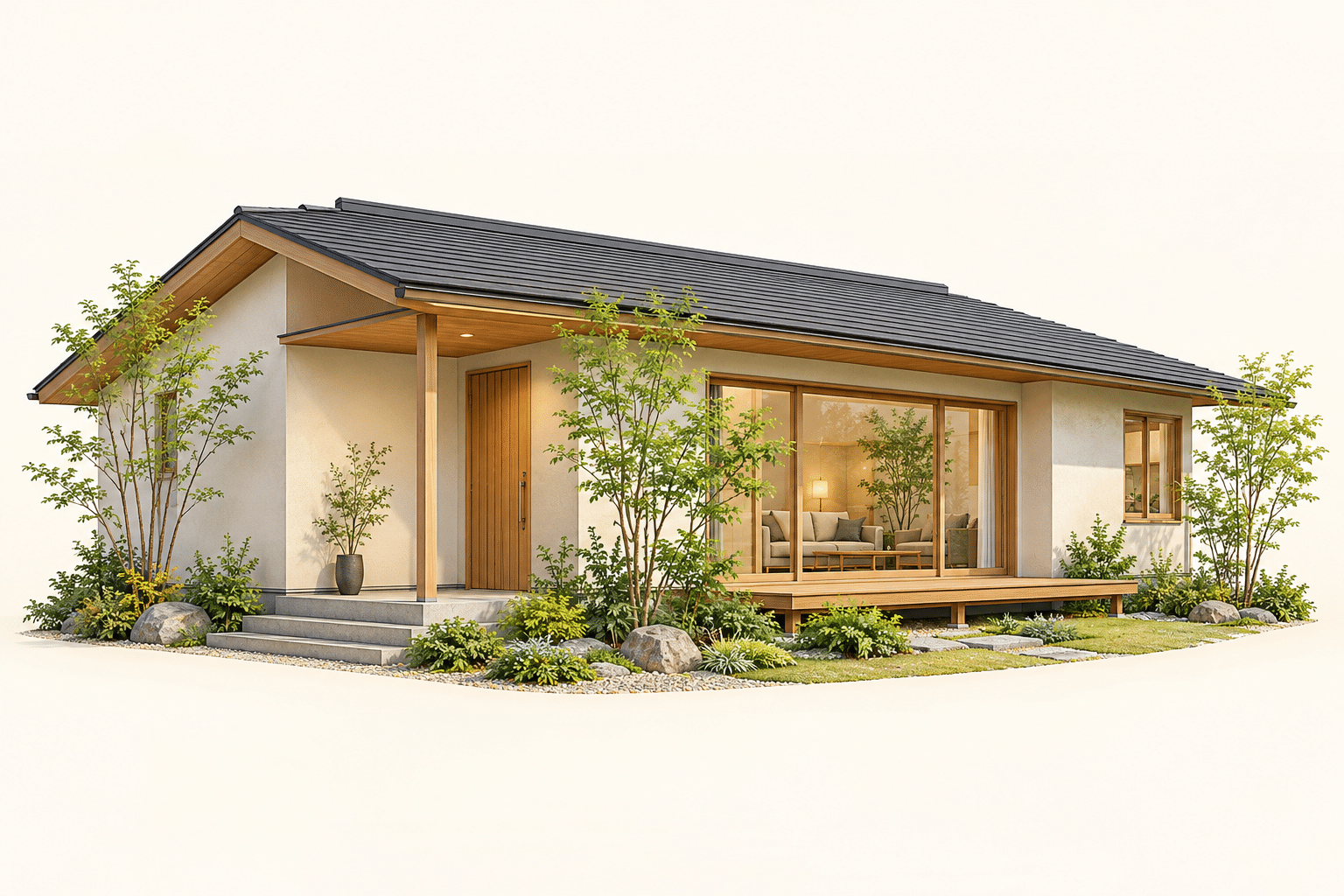 庭と深い軒を備えた平屋の外観を表すAI生成イメージ