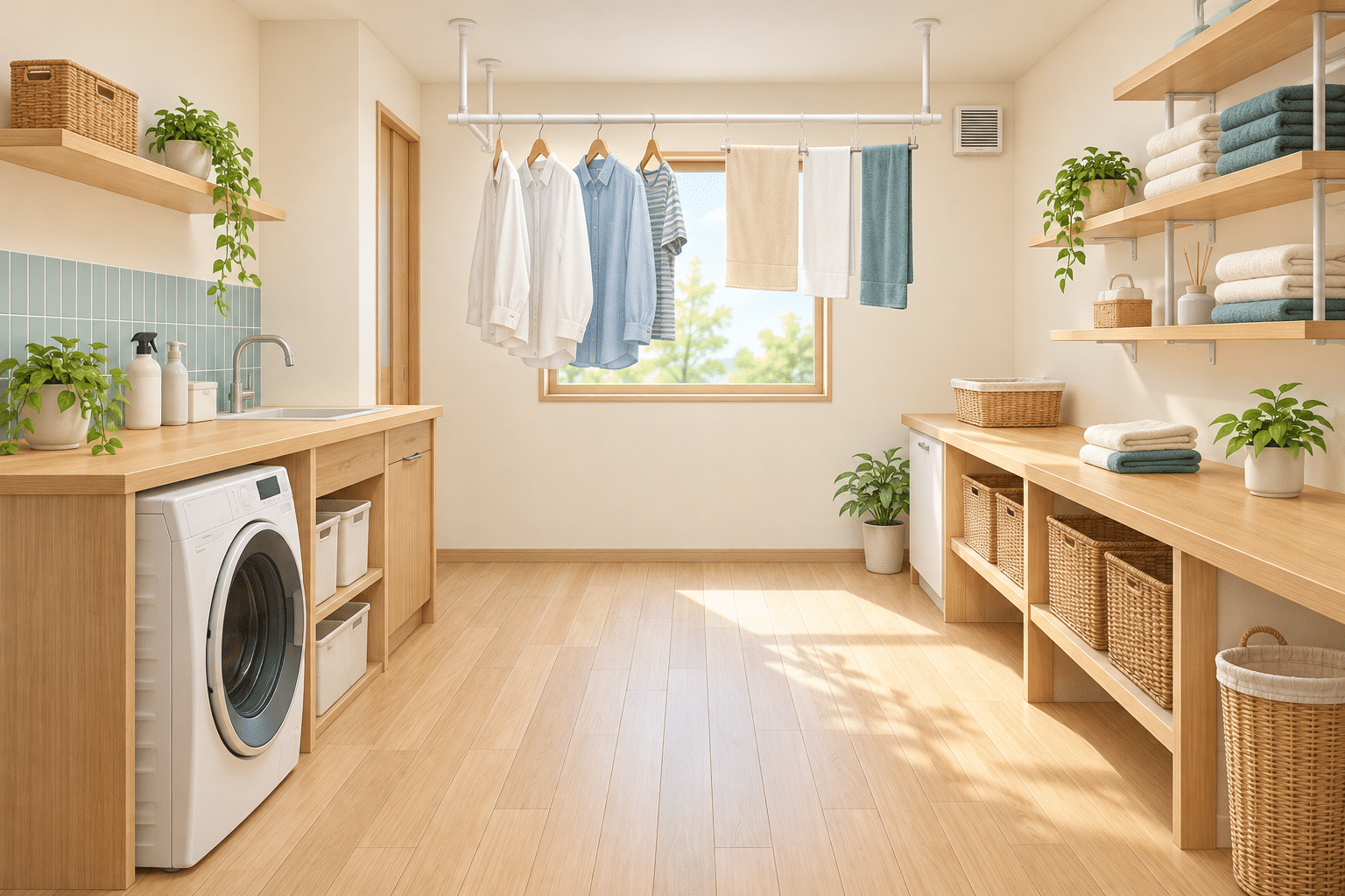 洗濯機、物干し、カウンターと収納を備えたランドリールームのAI生成イメージ