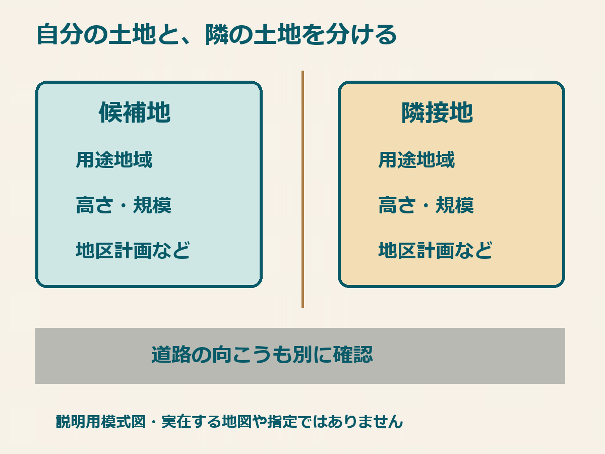 候補地と隣接地の用途地域・高さ・地区計画を分けて調べる説明用模式図
