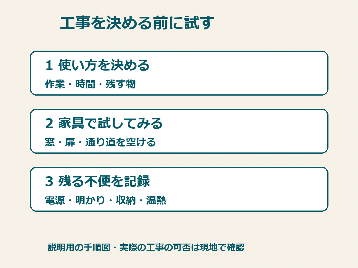 使い方を決めて家具で試し、残る不便から工事を考える手順図