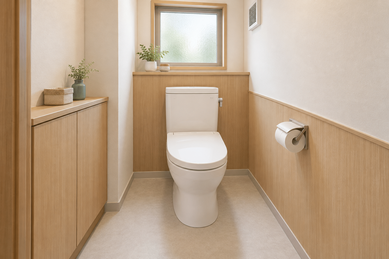 タンク付き便器と木調の壁、床、窓と換気口を描いたトイレ室のAI生成イラスト