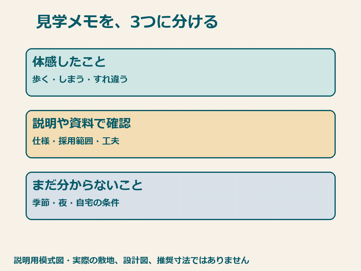 見学会で体感したこと・説明を受けたこと・自分の家で確認することを分けるメモの模式図