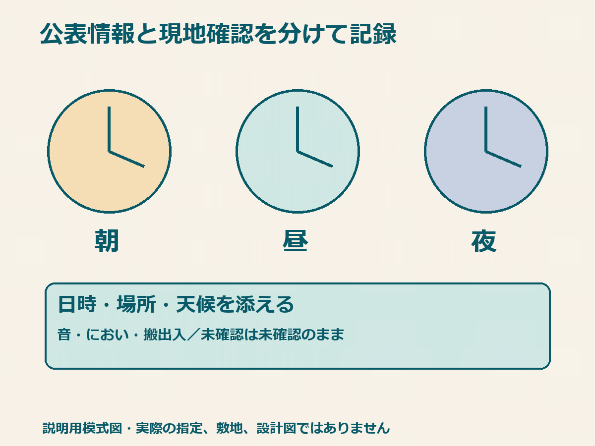 公表情報と朝・昼・夜の現地確認を分けて記録する説明用の確認表