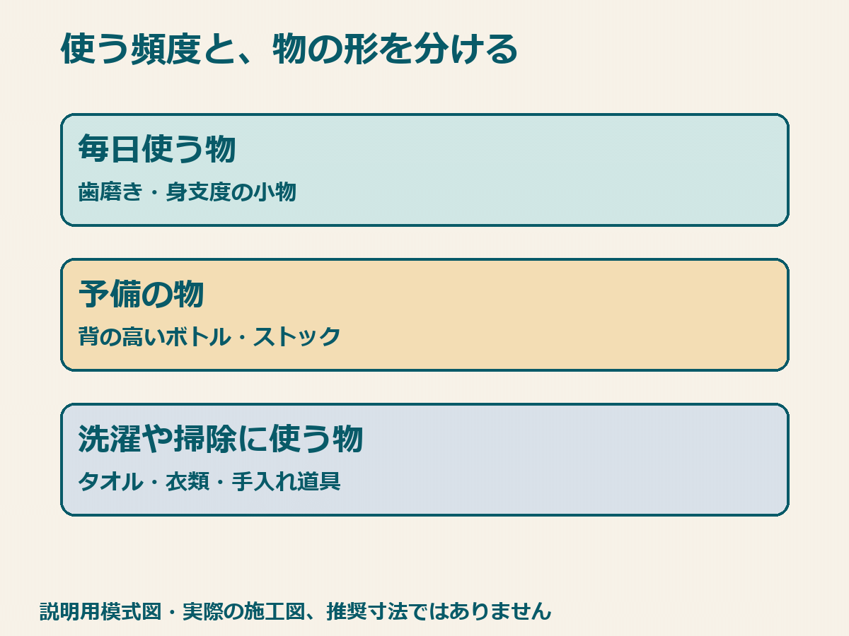 毎日使う物・予備・洗濯用の物を分けて洗面収納の位置を考える説明用模式図