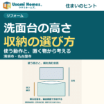 洗面台の高さと収納の選び方を紹介するウサミホームズ。の正方形アイキャッチ